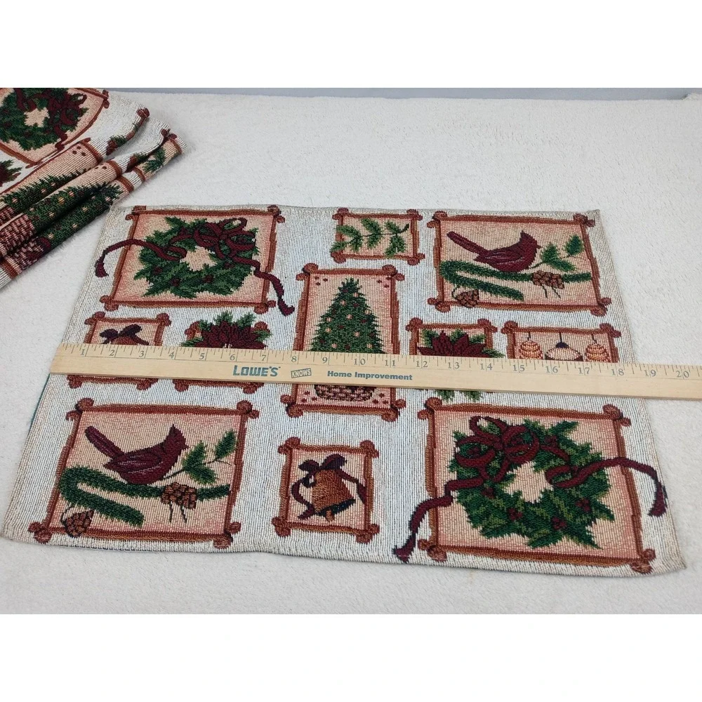 Christmas Tapestry Placemats Set of 4 Holiday Birds Wreaths Tree Bells Poinsetti